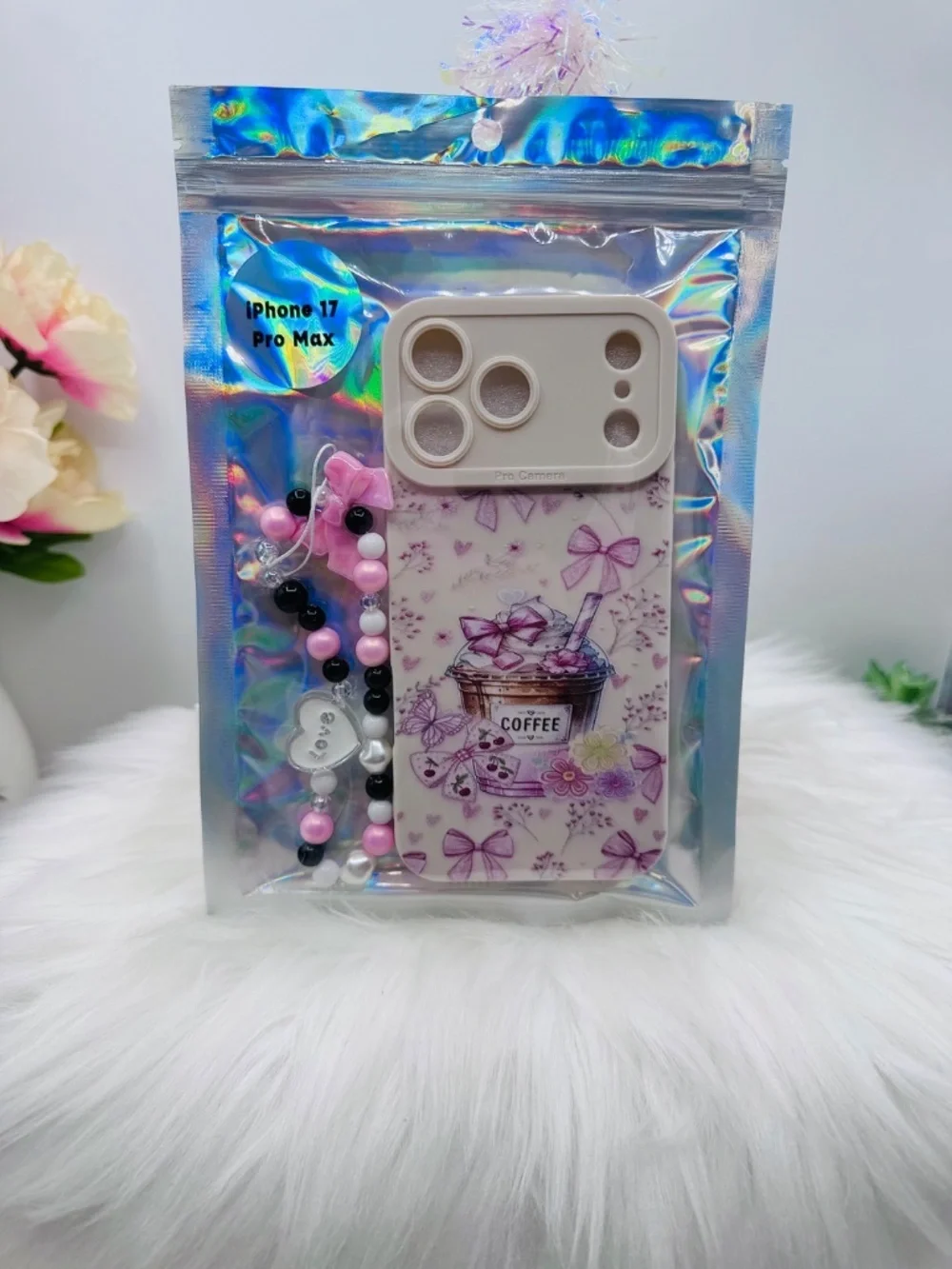 Cute Pink Bow Coffee iPhone 17 Pro Max Case + Beaded Charm  – Girly Aesthetic
